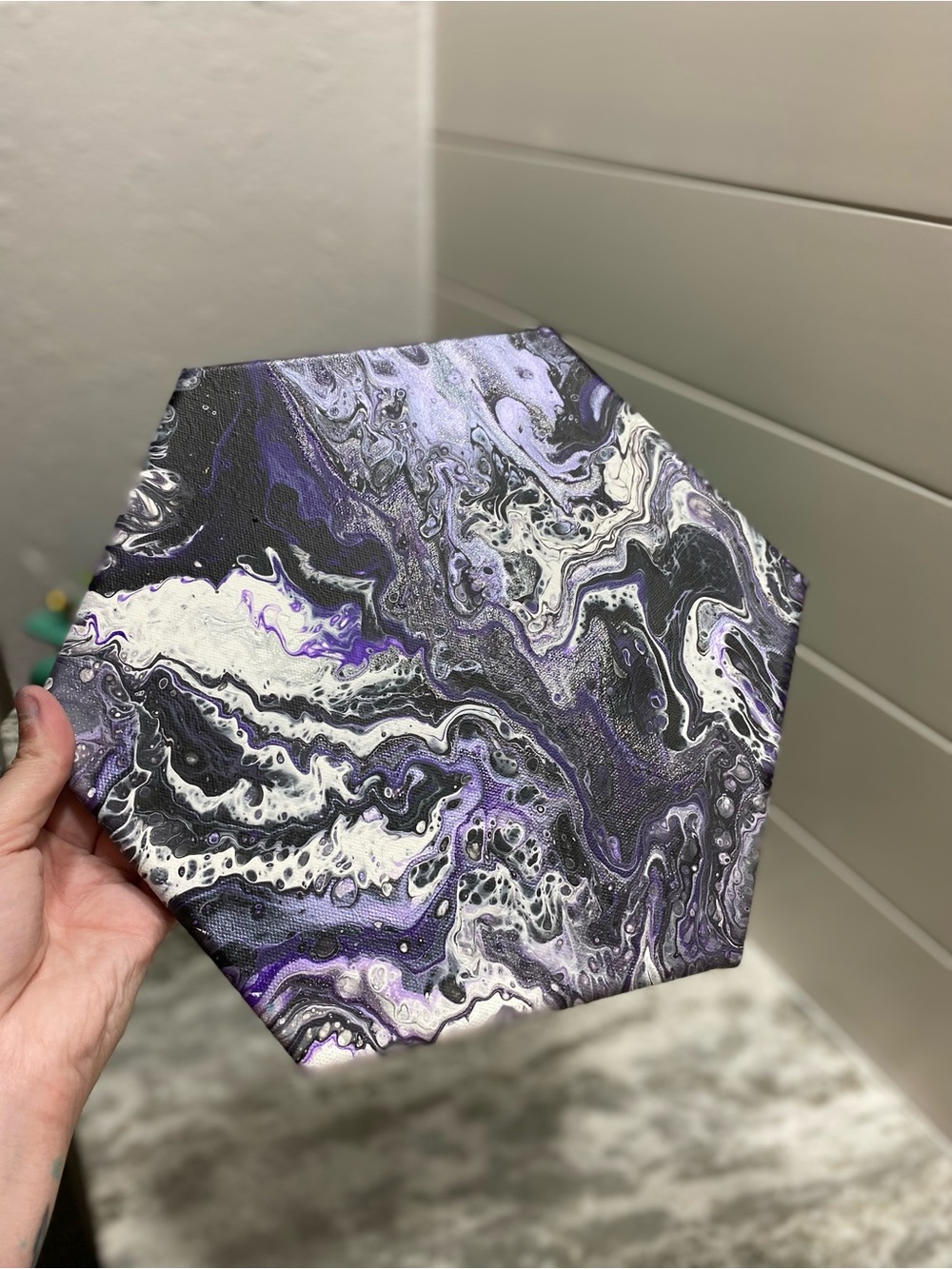 Abstract Hexagonal Canvas Art in Purple and Black w/ Glitter - Picture 8 of 8